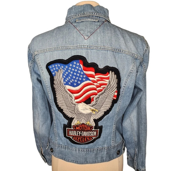 2004 Tommy Hilfiger Jean Jacket With Harley Davidson Patches Fits Medium - Picture 1 of 16